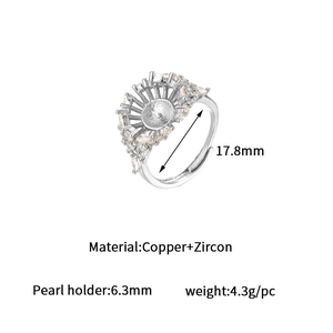 Detailed view of adjustable copper zircon ring base with 6.3mm pearl setting
