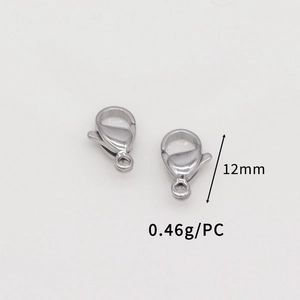 Detail of 12mm stainless steel lobster claw clasps with weight specs for jewelry making