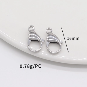 Macro shot of 16mm stainless steel lobster clasp with detailed weight and size specs