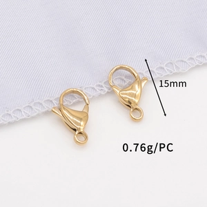 Detail showing 15mm golden stainless steel lobster clasp jewelry finding with weight info
