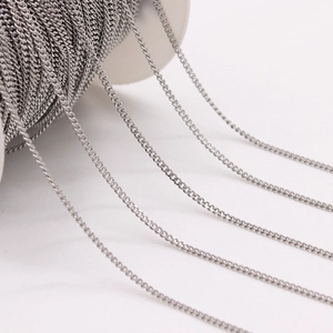 Detailed view of silver stainless steel flat O-link chain roll for DIY jewelry making