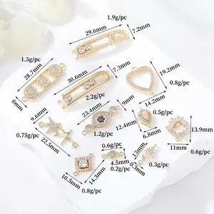 Detail of gold-plated geometric charms and micro-pave cubic zirconia connectors for DIY