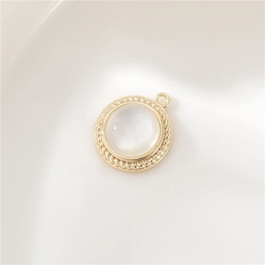Round 14K gold plated pendant with white shell inlay and twisted metal border for DIY jewelry