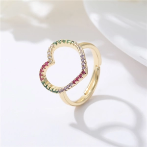 Elegant gold open ring with heart design featuring colorful zircon pave settings