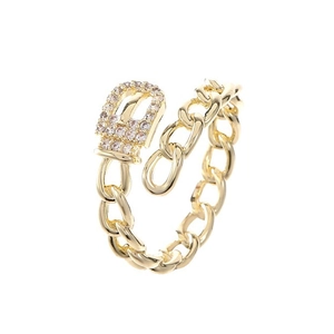 Gold chain ring featuring a belt buckle design with sparkling cubic zirconia accents