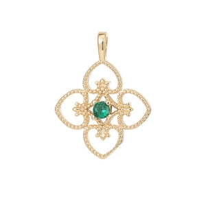 Elegant gold clover pendant with green gemstone and hollow vintage heart patterns