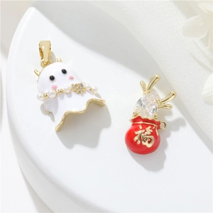 Ghost pearl pendant and red lucky bag charm with crystals in 14k gold plated finish