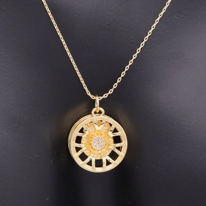 14K gold plated car wheel rim pendant necklace with white zircon stone for men women