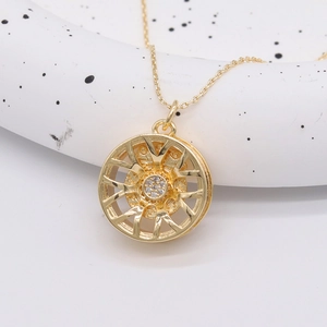 14K gold plated wheel hub pendant necklace with sparkling rhinestones on a slim chain