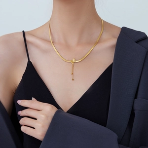 Gold stainless steel butterfly tassel necklace with snake chain for elegant women