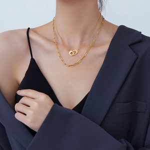 Double-layer stainless steel necklace featuring a handcuff pendant and paperclip chain links