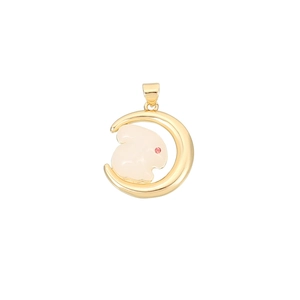 14K gold plated rabbit and moon pendant with pink enamel and red rhinestone detail