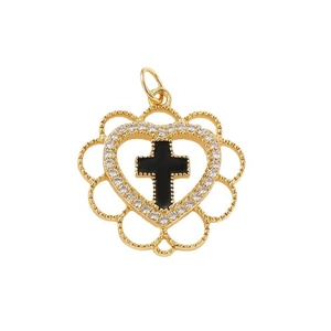 Goldener Herzanhänger mit schwarzem Kreuz und weißen Zirkonia für DIY-Schmuck