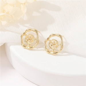 Eleganti orecchini a doppio strato placcati oro 14k con design a onda e petali cavi