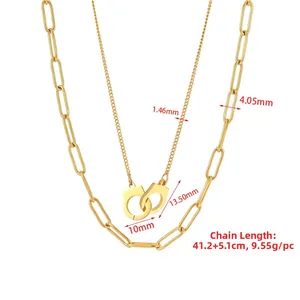 Double-layer stainless steel handcuff necklace with size measurements in gold finish