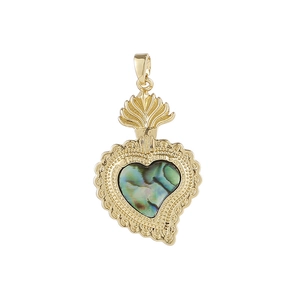 14K gold plated heart pendant with iridescent colorful shell and vintage floral texture