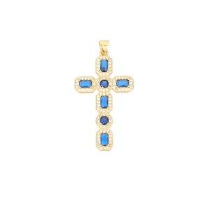 Golden cross necklace pendant with micro-pave blue stones and white zircon crystals