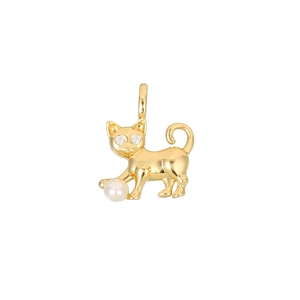 Cute 14K gold plated cat pendant with zircon eyes and white pearl detail on white background