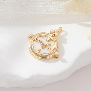 14k gold-plated natural shell pendant with Roman numeral engraving and pearls