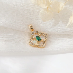 14k gold-filled flower pendant with green gem and white mother of pearl inlay