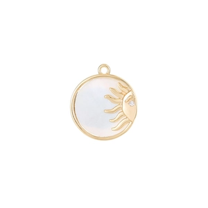 14K gold plated sun and white shell round pendant with zircon inlay for DIY jewelry