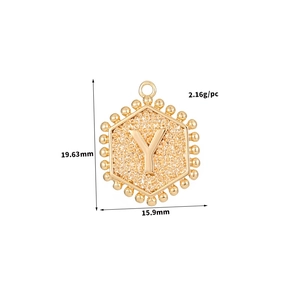Hexagonal 14K gold plated pendant with letter Y and beaded edge detailing