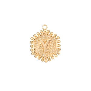 Gold hexagon letter Y pendant with granulated texture and beaded edge for DIY jewelry
