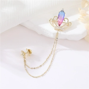 Elegant gold crown brooch with gradient crystal and dual chains for suits