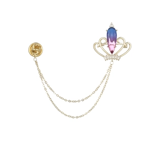 Golden crown brooch with purple crystal drop and double tassels for men suit