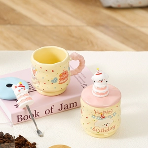 Cute Capybara Happy Birthday ceramic mug set with spoon and lid on a desk