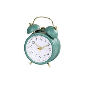 Classic dark green double bell alarm clock with metallic gold legs and loud twin bells