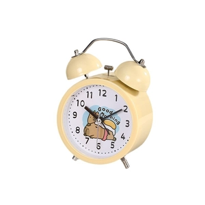 Cream yellow metal twin bell alarm clock with cute capybara dial and silent movement