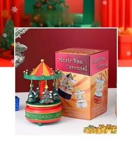 Detailed view of Christmas carousel music box with festive red and green packaging box