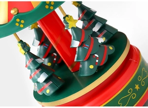 Detail of a rotating Christmas music box featuring hand-painted trees and candy canes