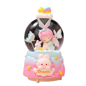 Luminous angel rabbit music box crystal ball with dream clouds on pink blue base