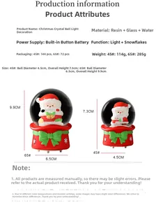 Size comparison chart for Christmas crystal balls showing 45mm and 65mm diameter options