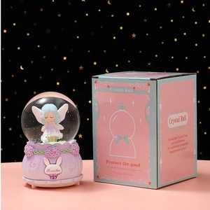Boîte à musique boule de cristal fée animée avec socle lapin et coffret cadeau
