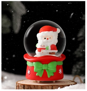 Detail of Santa Claus and snowman inside a crystal ball with a red gift bag base