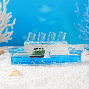 Creative fluid cruise ship paperweight drifting bottle with iceberg and blue ocean liquid