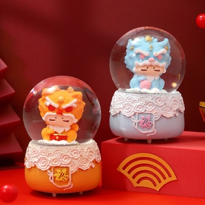 Luminous crystal ball with cartoon lion dance figure and festive red background