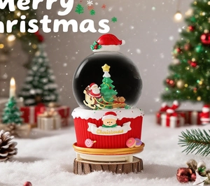 Detail of Santa Claus snow globe with Christmas tree on a red base and wooden stand
