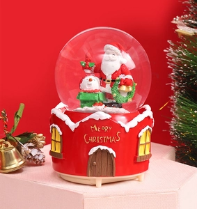 Detail of Christmas crystal ball with Santa and Snowman figures on red house base