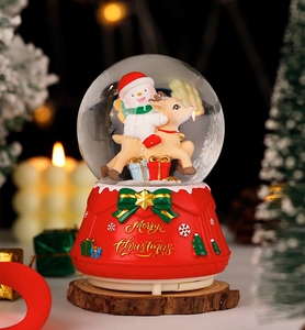 Detailed close-up of a festive Christmas snow globe with snowman and golden text