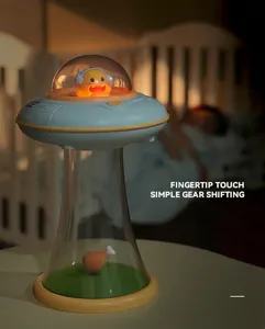 UFO night light featuring a glowing monster mascot in a cozy child's bedroom setting