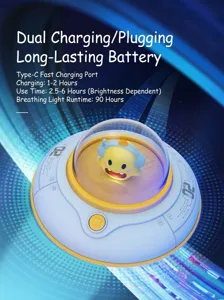 Close-up of UFO night light featuring Type-C charging port and cartoon monster figure