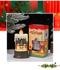 Close-up of a Christmas snow globe featuring a snowman family with a festive gift box