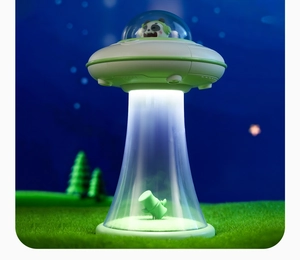 Detail view of the UFO night light featuring a cute panda astronaut in a cosmic scene