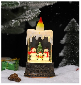 Macro detail of snowman family inside LED Christmas lantern with warm flame light effect