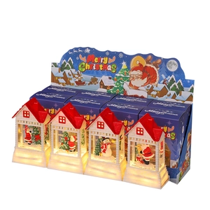 Set of four LED Christmas house lanterns with Santa and snowman scenes in gift boxes