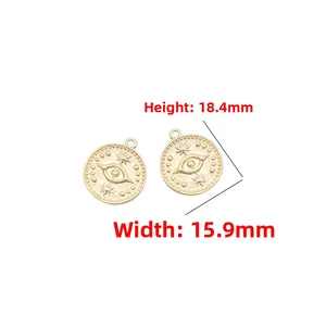 Detail of gold evil eye pendants with dimensions measuring 18.4mm by 15.9mm